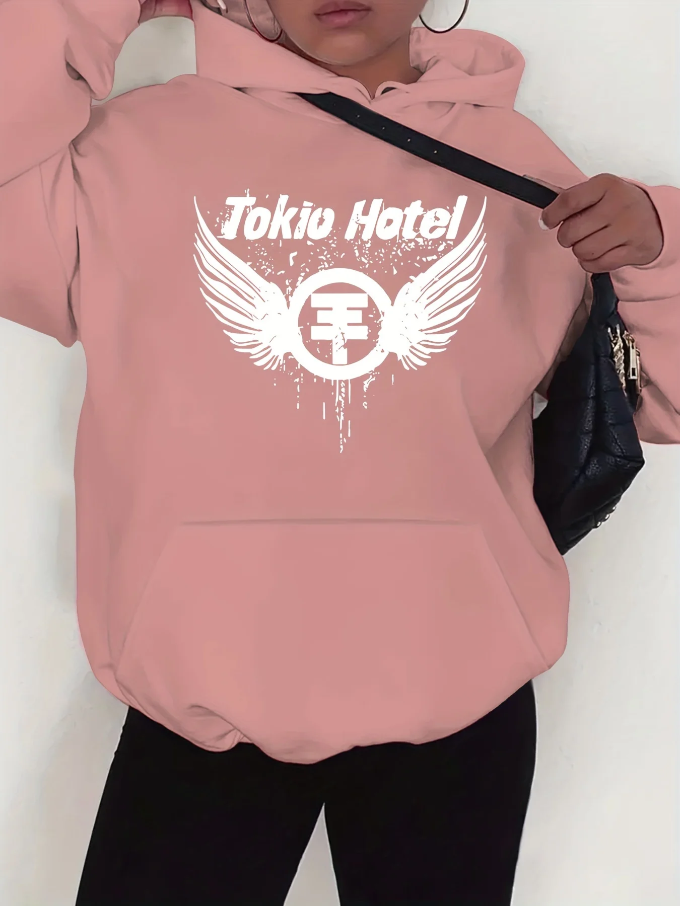 Tokio Hotel-Sweat à capuche à imprimé graphique pour femme, 100% polyester, tissu tricoté, pull décontracté avec cordon de serrage de proximité