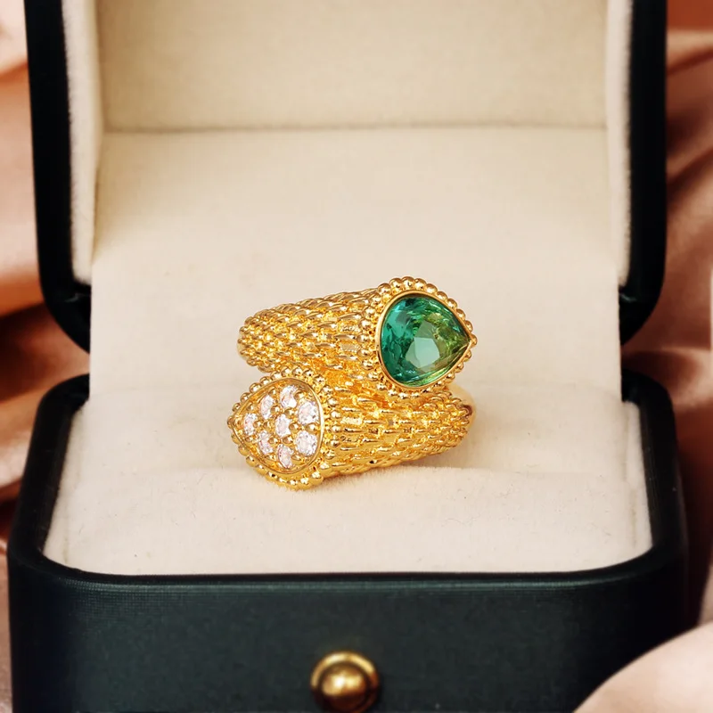 

Fashion 14K Gold Asymmetrical Water Drop Pear Shape Wrapped Oval Emerald Couple Ring for Women 925 Silver Wedding Gift Jewelry