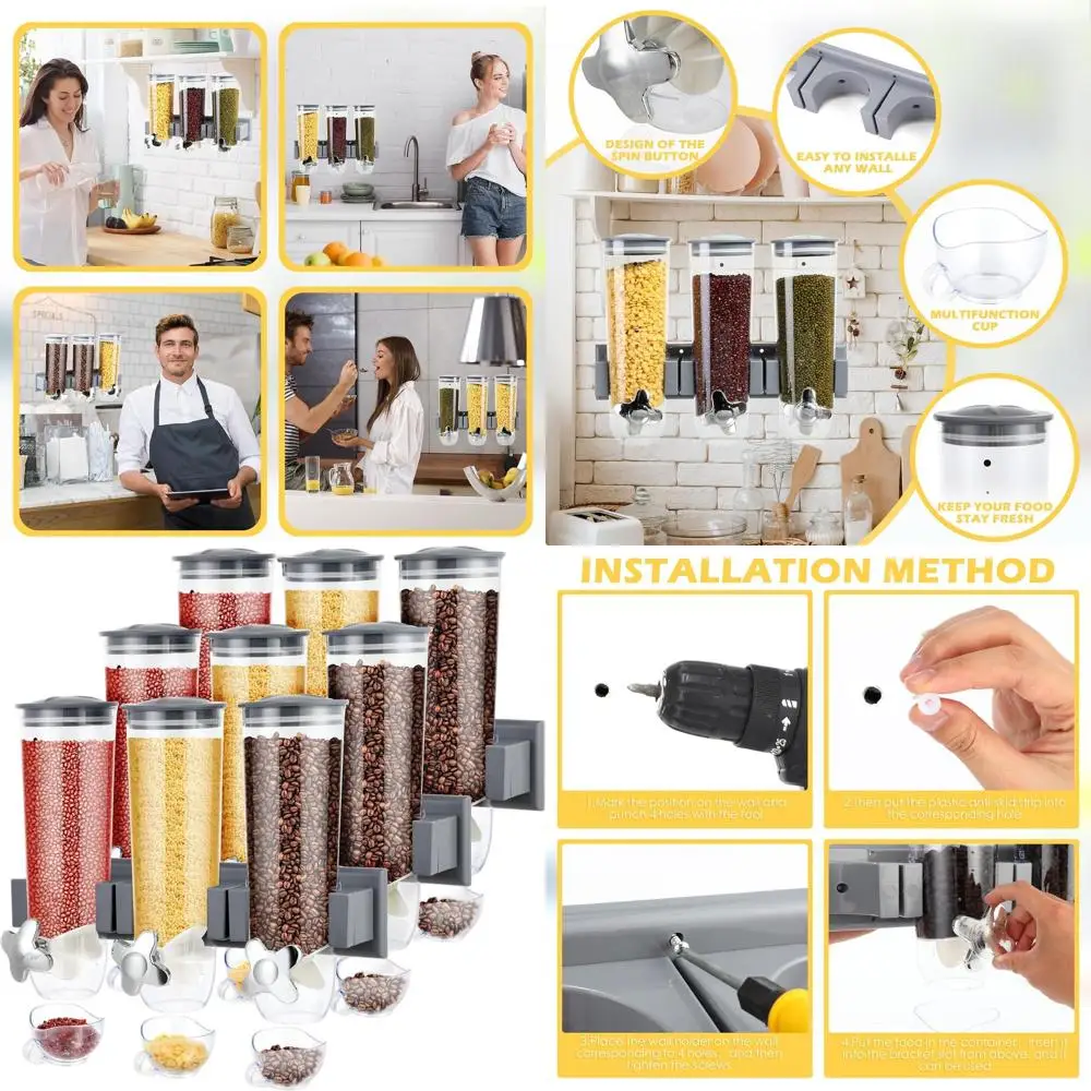 

3-Piece Dry Food Dispenser Set - Convenient 1 Oz Twist for Snacks, Nuts, Rice, Cereal - 5.4L Capacity, Gray