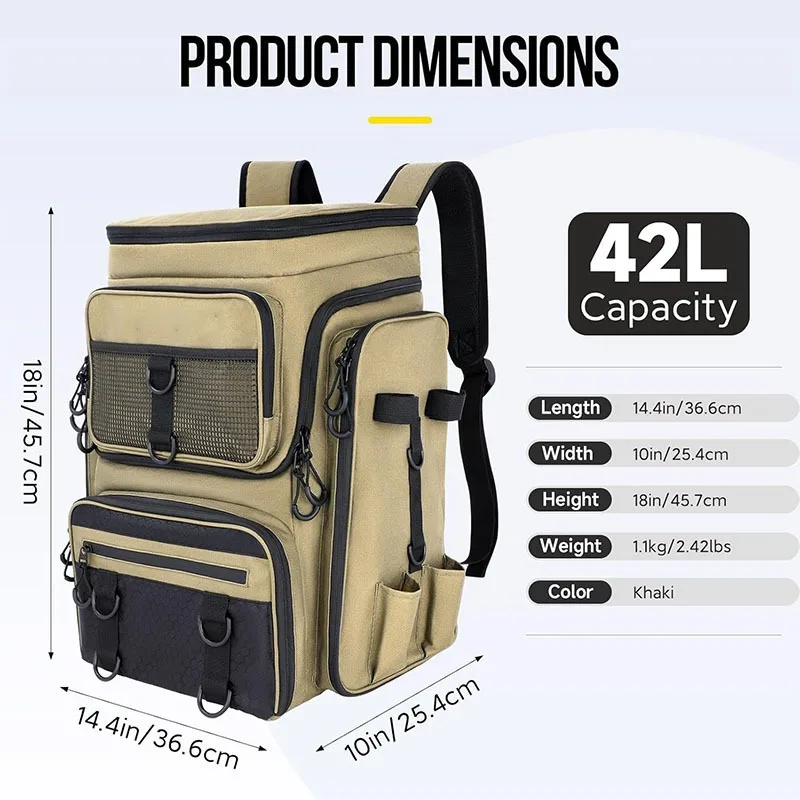 42L Multifunktionale Angeltasche, Große Angelruten-Tasche, Angel-Aufbewahrungsrucksack, Angelzubehör-Rucksack – Detail 5