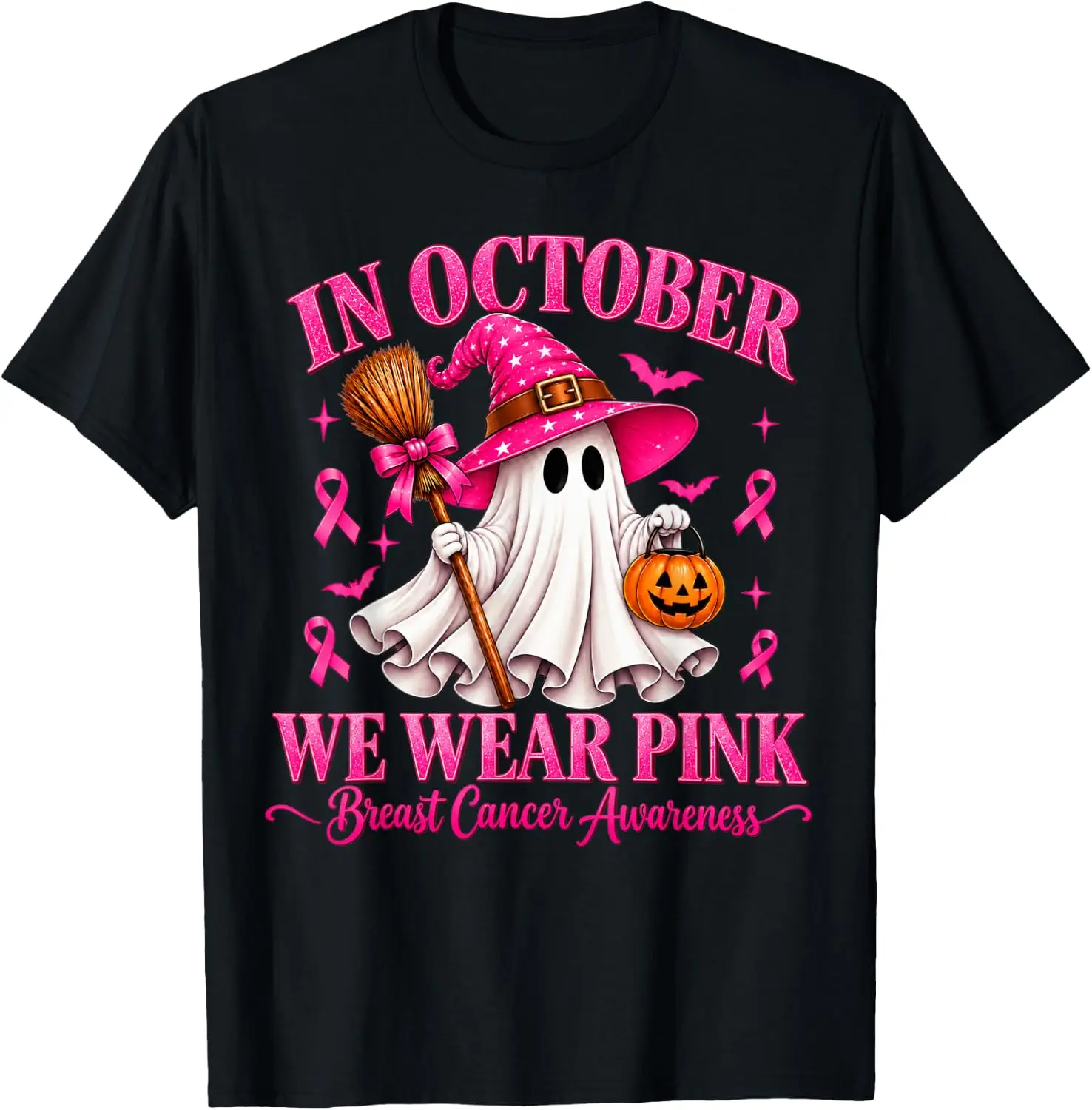 Breast Cancer Halloween In October We Wear Pink Ghost Witch T-Shirt
