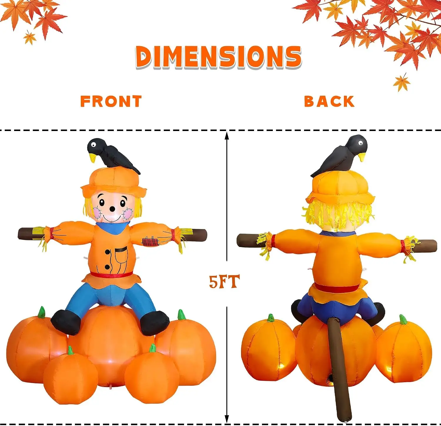 5FT Fall Day Inflatable Decoration, Lighted Air Blown | Scarecrow Sitting on Pumpkins with Crow Standing On, Built-in LED Lights