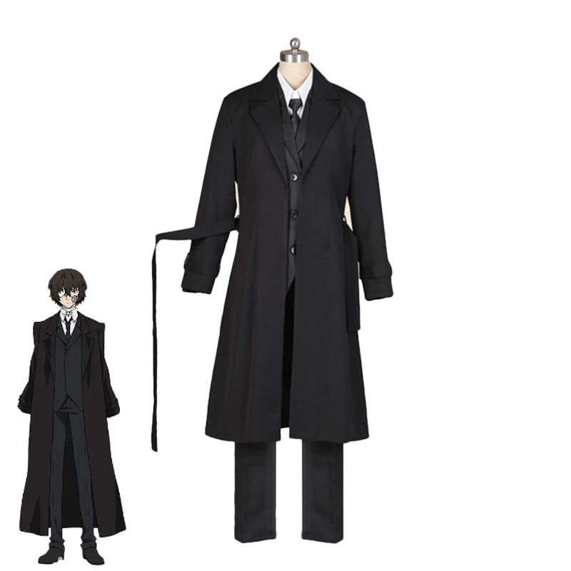 

Anime Bungou Stray Dogs Cosplay Costume Dazai Osamu Cosplay Costume Men Black Trench Pant Tie Outfit Halloween Carnival Uniform