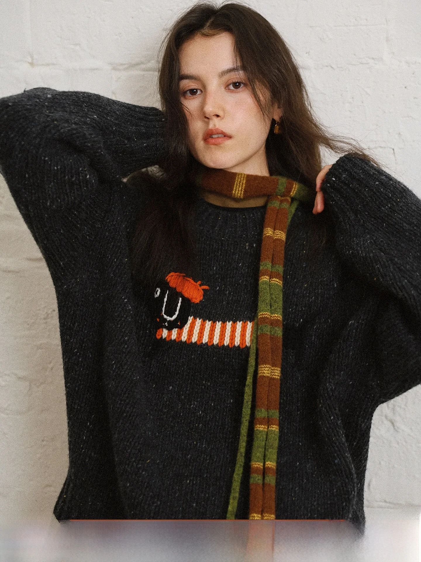 

Abstract Sausage Dog round Ne Pullover Woolen Sweater Vintage eep Color "Deep Forest Fog Island" Artistic Loose Fit Autum...