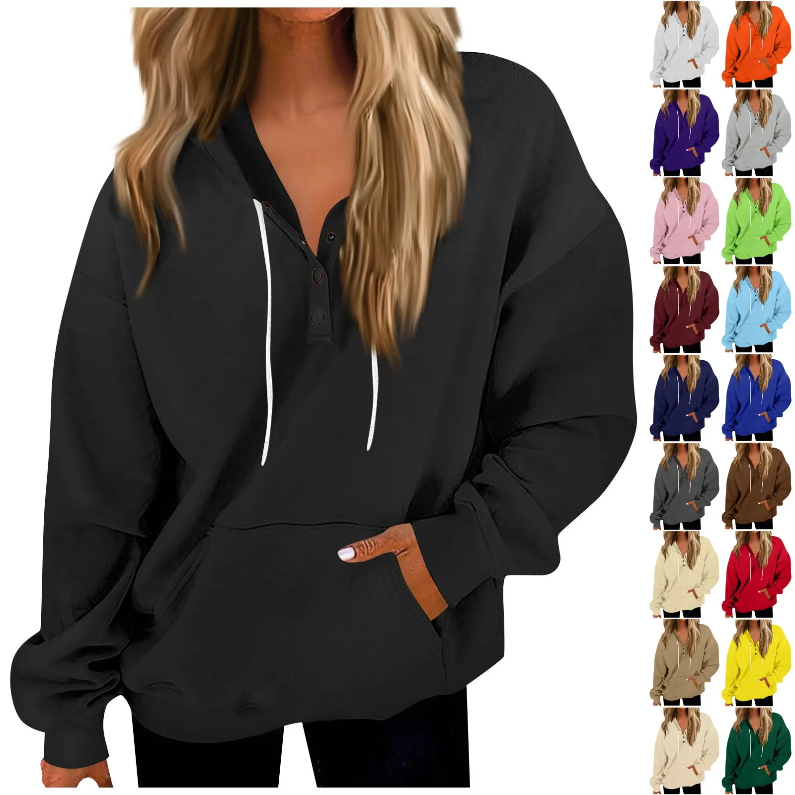 Ladies tops Casual Solid Color New Buttons V Neck Hoodies Autumn Winter Fashion Long Sleeves Pullovers Women's Sweatshirts