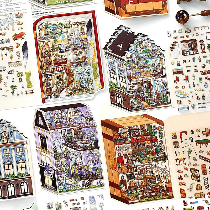 3sheets/bag My House 19th Round Series PET+ White Card 2.5D Landscape Sticker Decompression Collage Landscape Sticker Decoration
