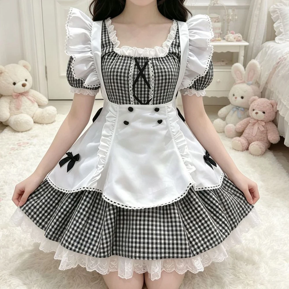 

Black Pink Maid Clothing Japanese Cute Bubble Sleeve Apron Large Size Fat Mm Skinny Lolita Dress Niche