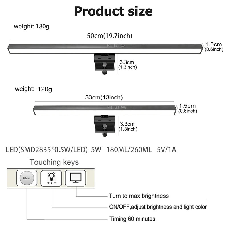 Lampe de bureau LED pour soins des yeux, 50cm, pour écran d'ordinateur, barre lumineuse, gradation continue, lecture, lampe de Table suspendue alimentée par USB