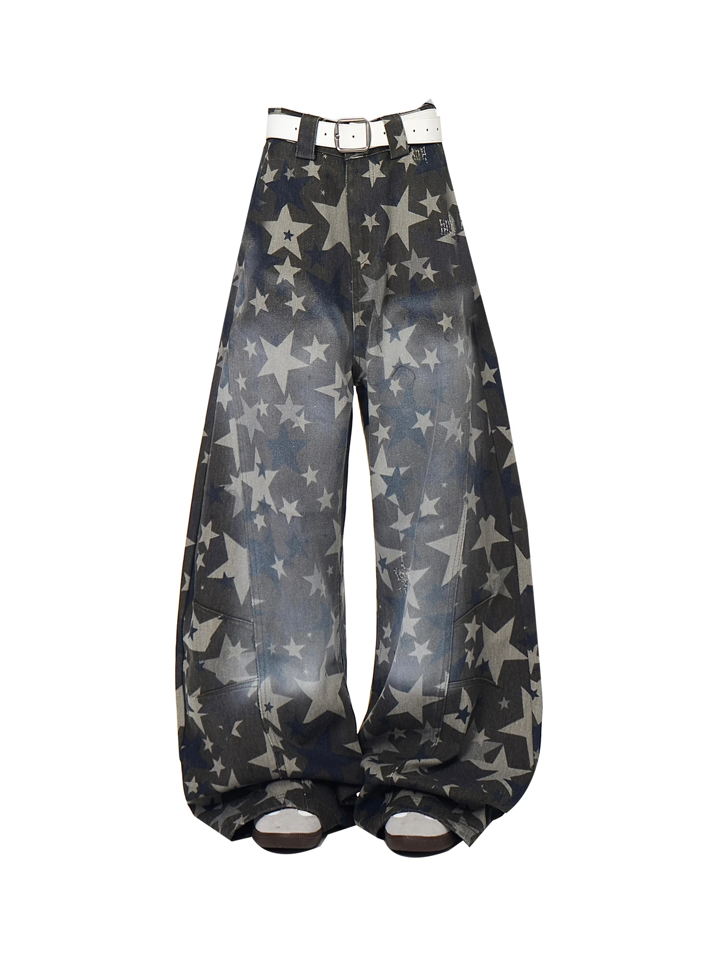 جينز نسائي بتصميم أمريكي عتيق مع طباعة نجوم، تصميم خريفي مفكك مع رقع، ساق مستقيمة وواسعة