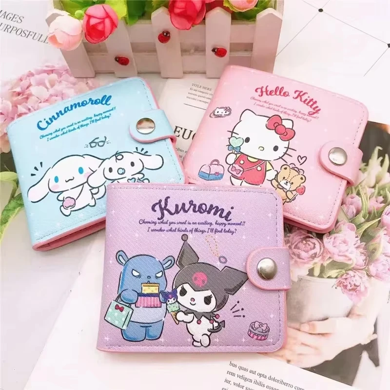 Sanrio Kawaii Hello Kitty Kurumi Pu Small Short Women's Wallets Card Holder Cover with Buttons Children's Birthday Present