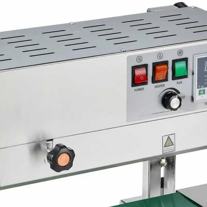Machine de scellage à bande continue, largeur de scellage de 0,24 à 0,47 pouces/6 à 12 mm, machine de scellage à bande verticale avec contrôle numérique de la température, dispositif de scellage de sacs en acier inoxydable pour films plastiques de 0,02 à 0,8 mm d'épaisseur