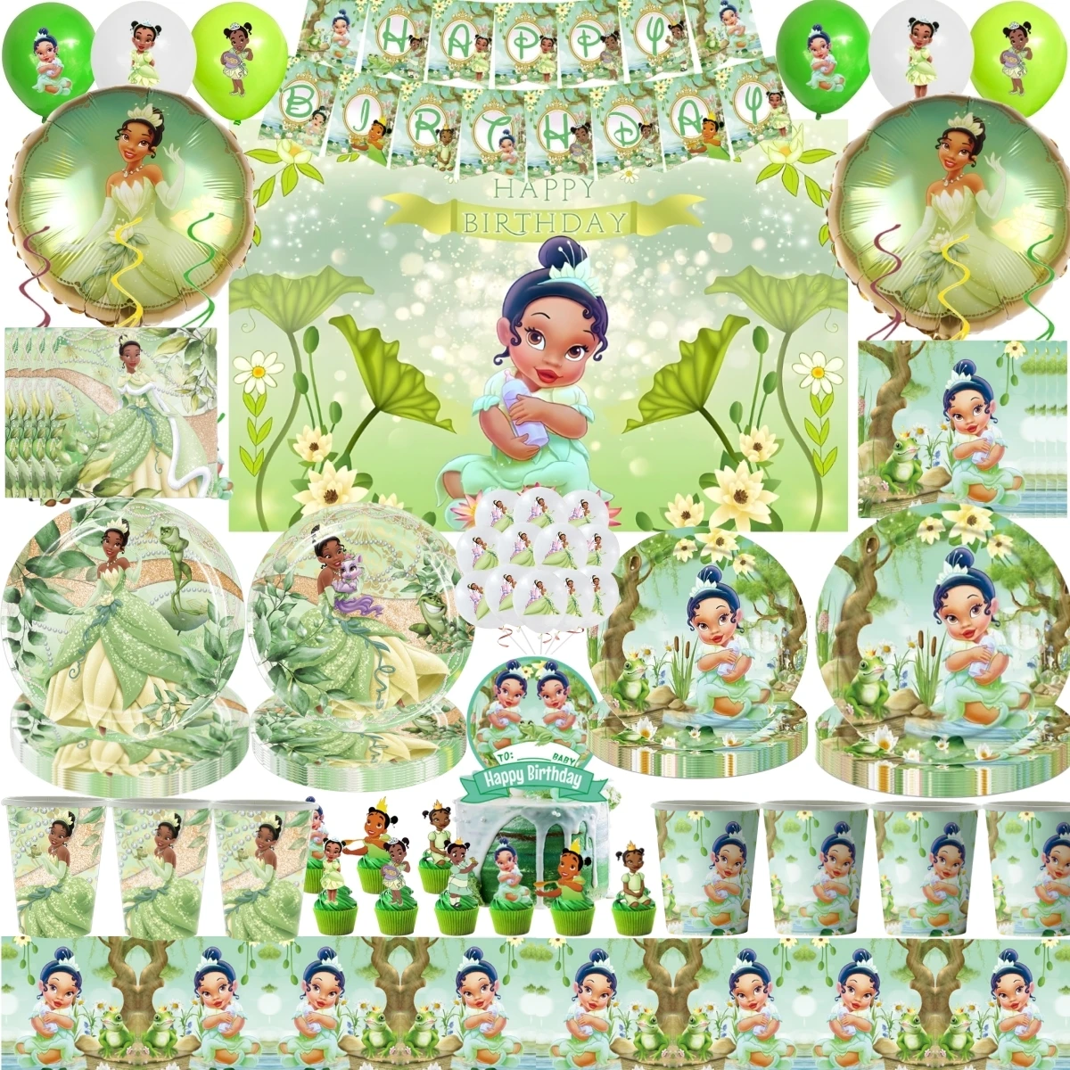 Disney Princess Tiana Birthday Party Decoration Cup Plate Napkins Backdrop Gift Bag The Frog Princess Tableware Party Supplies