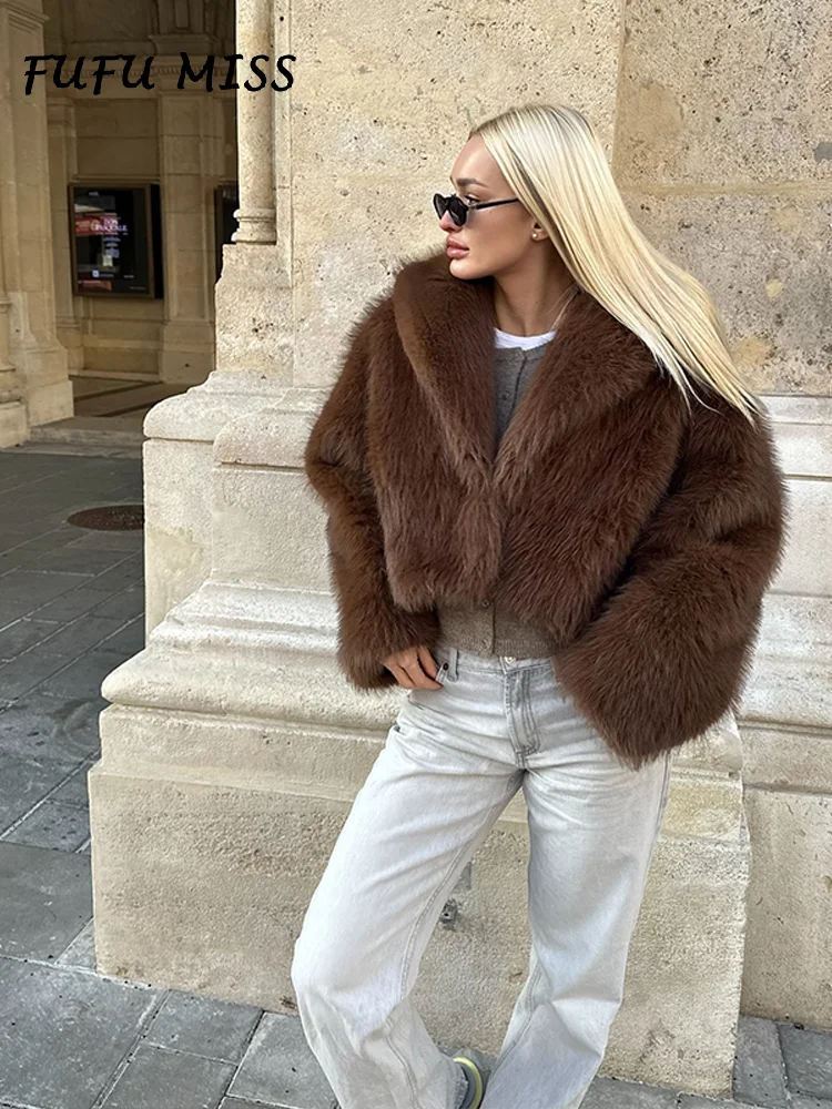 

Vintage Loose Faux Fur Short Coat Women Elegant Lapel Long Sleeve Female Coats 2024 Winter High Street Thick Warm Lady Outwear