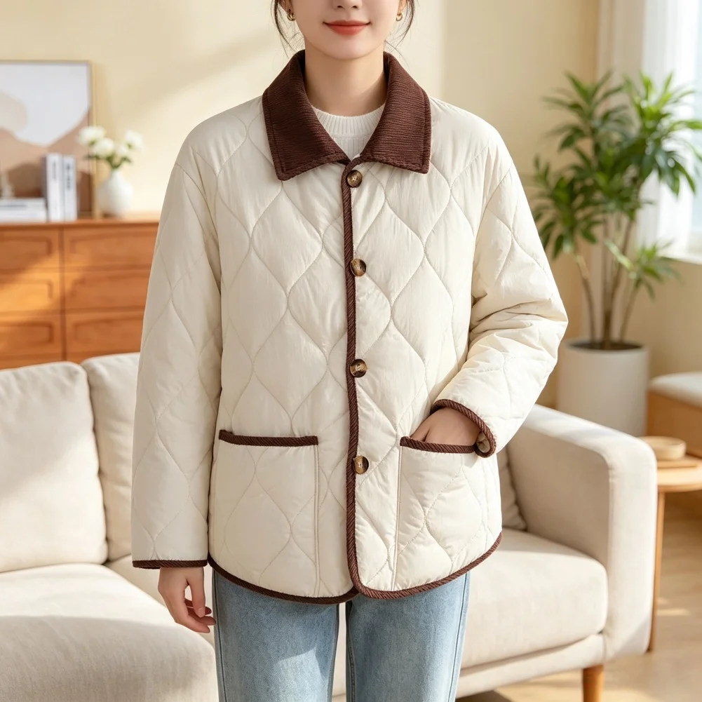 Womens Regular Length Solid Color Corduroy Jacket Wavy Quilted Pattern Polyester Blend Lapel Contrast Trim Style