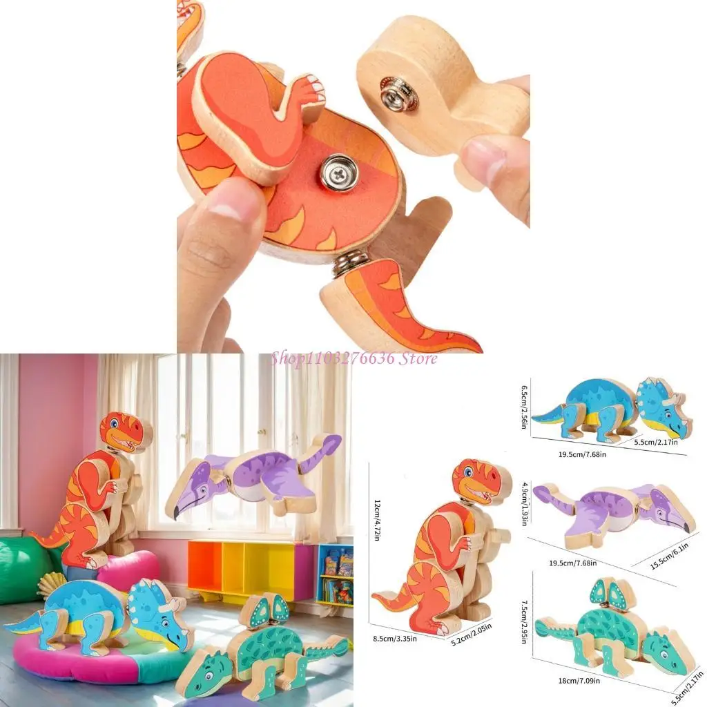 

R6FD Wooden Dinosaur Building Block Puzzle Learning Toy Toddler Educational Gift