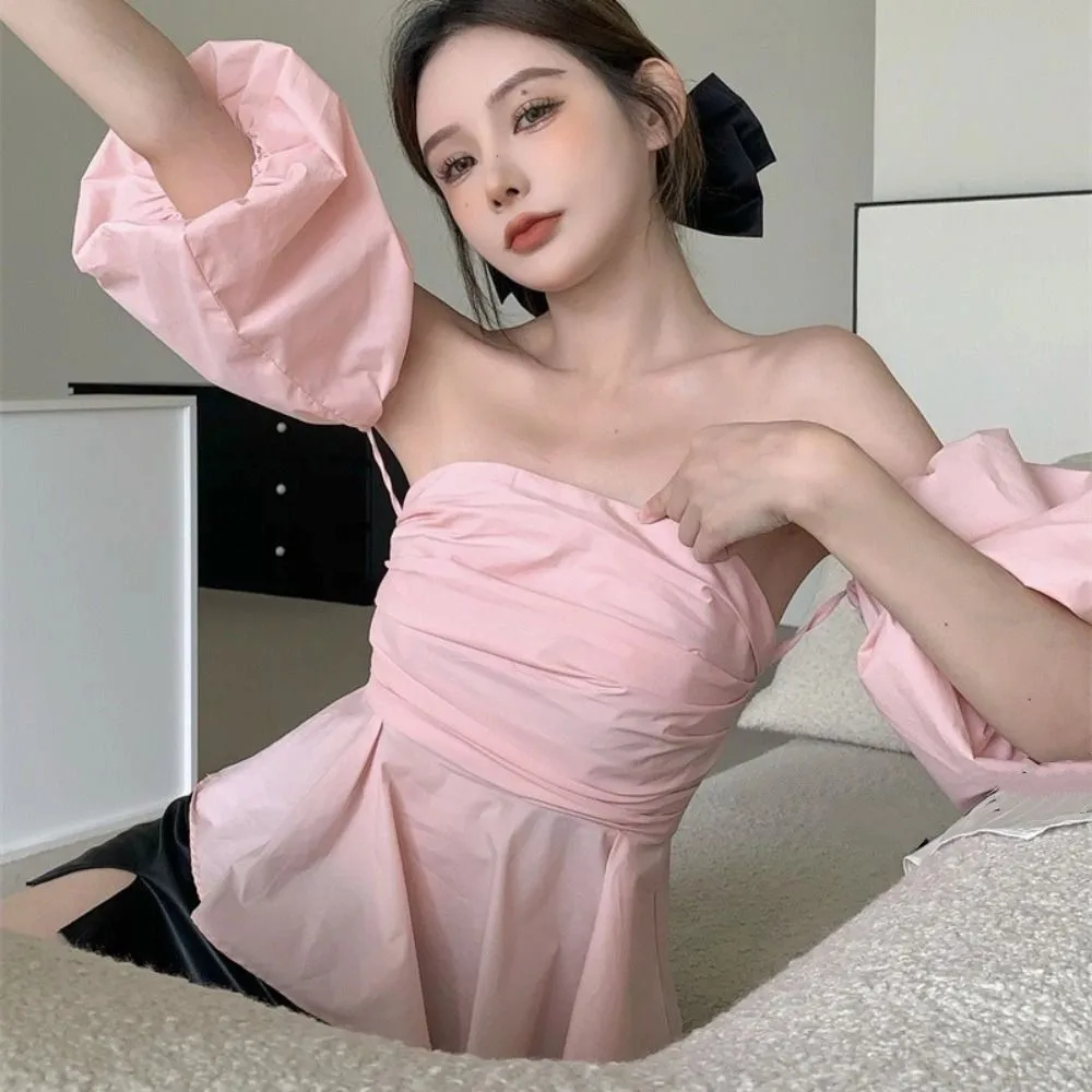 

Pleated Off Shoulder Crop Top Ins Bottoming Shirt Puff Sleeve T-shirt Sweet Female Clothing Puff Tube Top Women Beachwear