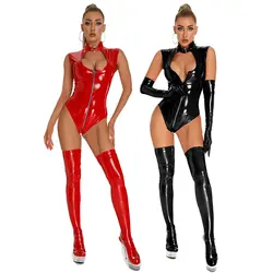 Women Sexy Zipper Open Crotch Shiny Leather Tank Bodysuit Hot Porn Open Breast Exposing Wetlook Latex Leotard