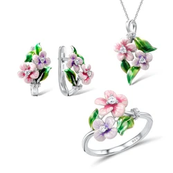 2023 Fashion 925 Silver Necklaces Earrings Rings Jewelry Sets For Women Exquisite Enamel Zircon Flower Lady Anniversary Gifts