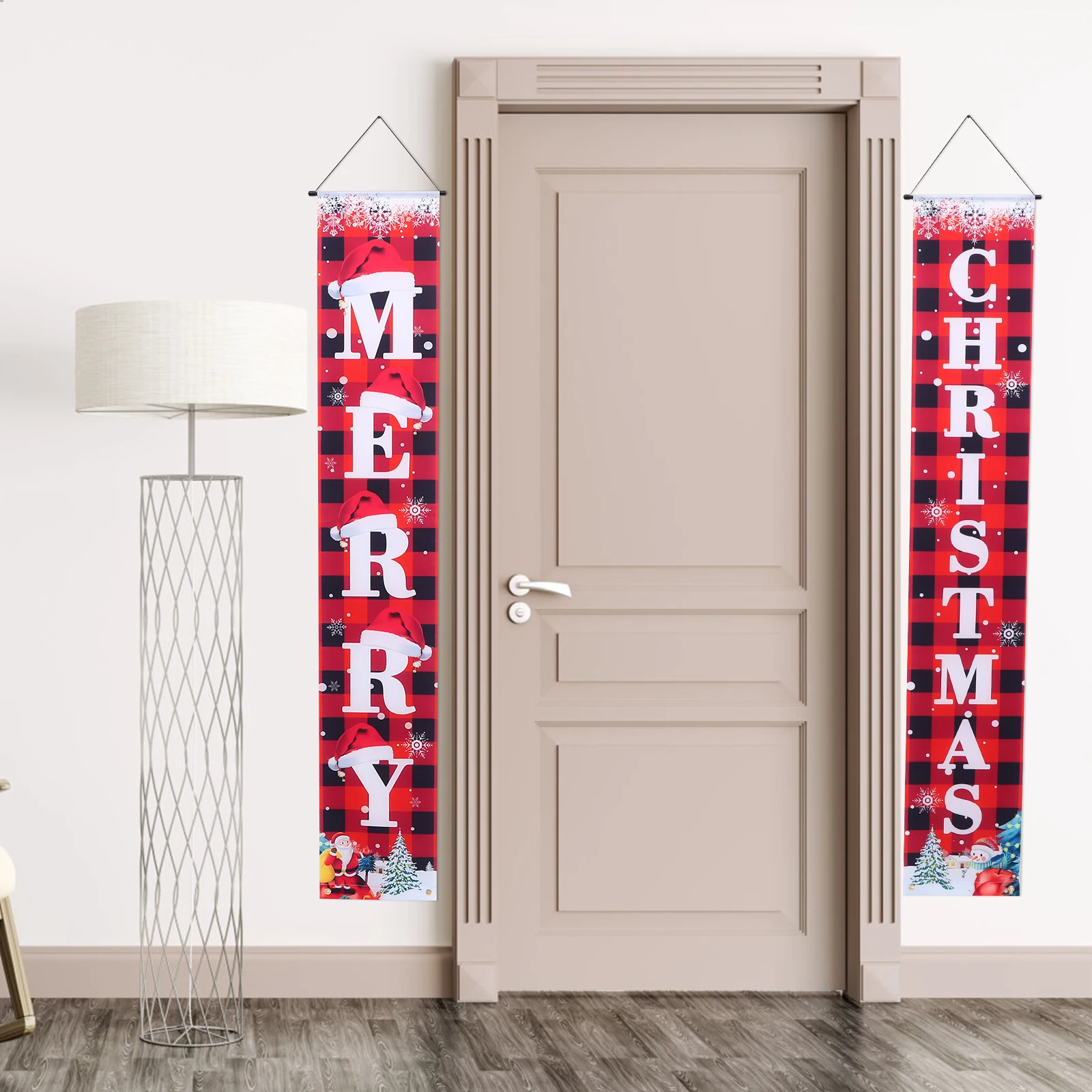 

Christmas Couplet Hanging Flag Red Plaid Door Banner Polyester Bright Color Non fading Decorations Porch Sign Yard