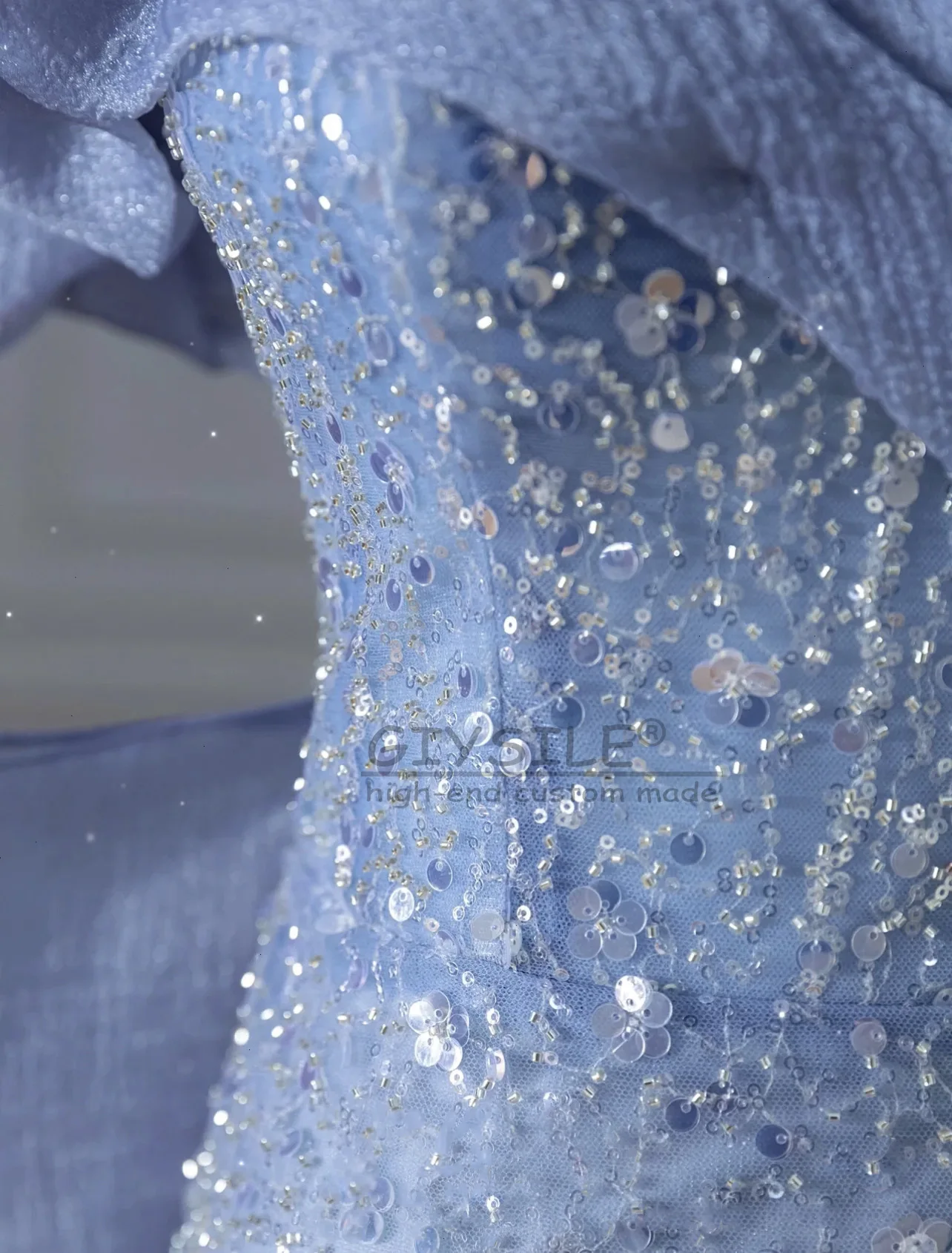 GIYSILE 블루 드레스 중공업 페르시 인어 스커트 럭셔리 고화질 토스트 옷 어깨 스팽글 보우 스트랩 백