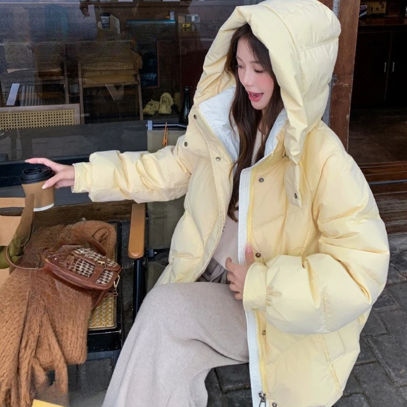 Women's Autumn Winter Top Coat Cotton Coat Hooded Solid Color Short Thickened Fleece Lining Loose Casual Niche Versatile Skinny