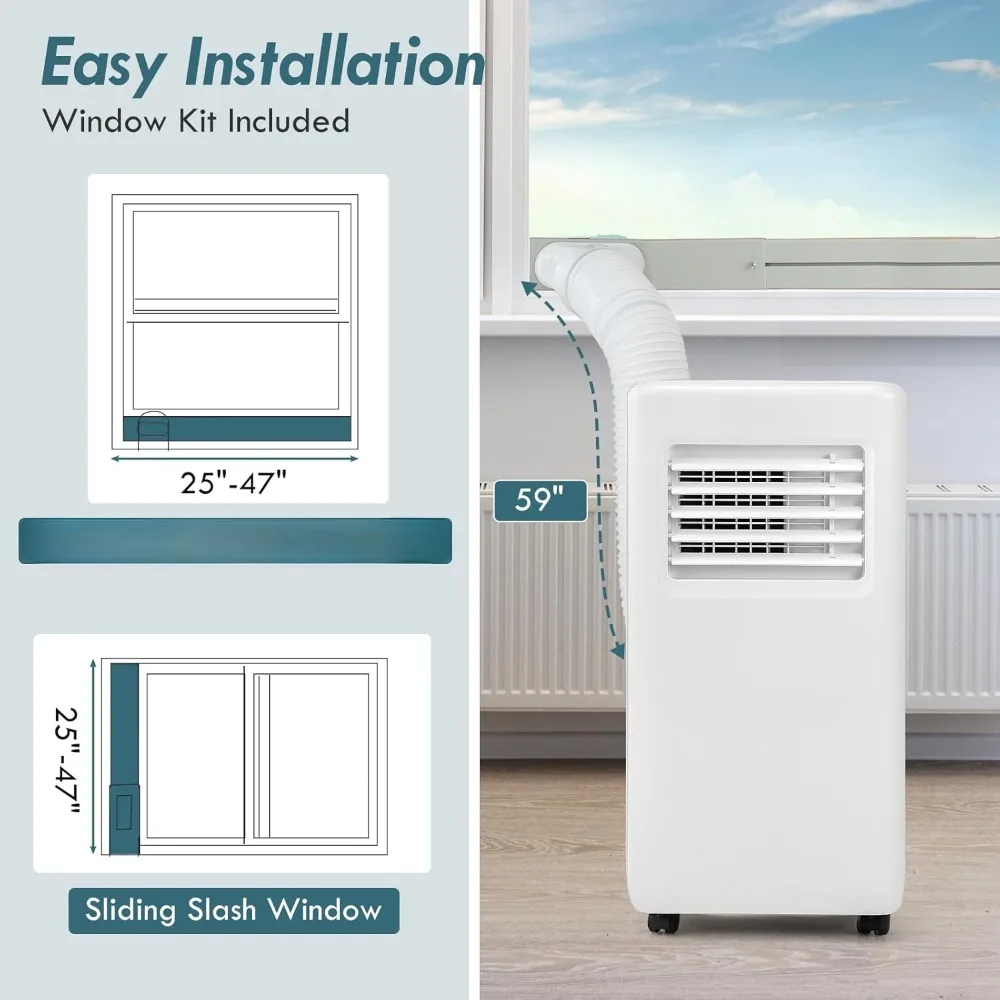 Unidad portátil de aire acondicionado portátil con ventilador y deshumidificador, modo de suspensión inteligente, kit de instalación de ventana y oscilación automática, carretes