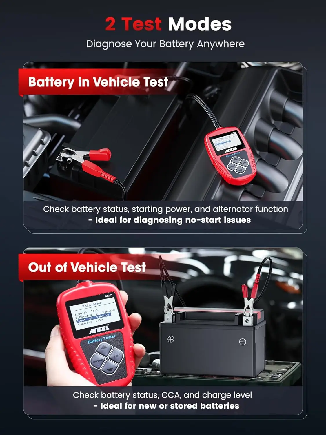 Advanced Automotive Battery Tester BA101 with Charging System Analysis Including Load/Unloaded Voltage & Ripple 100 - 2000 CCA