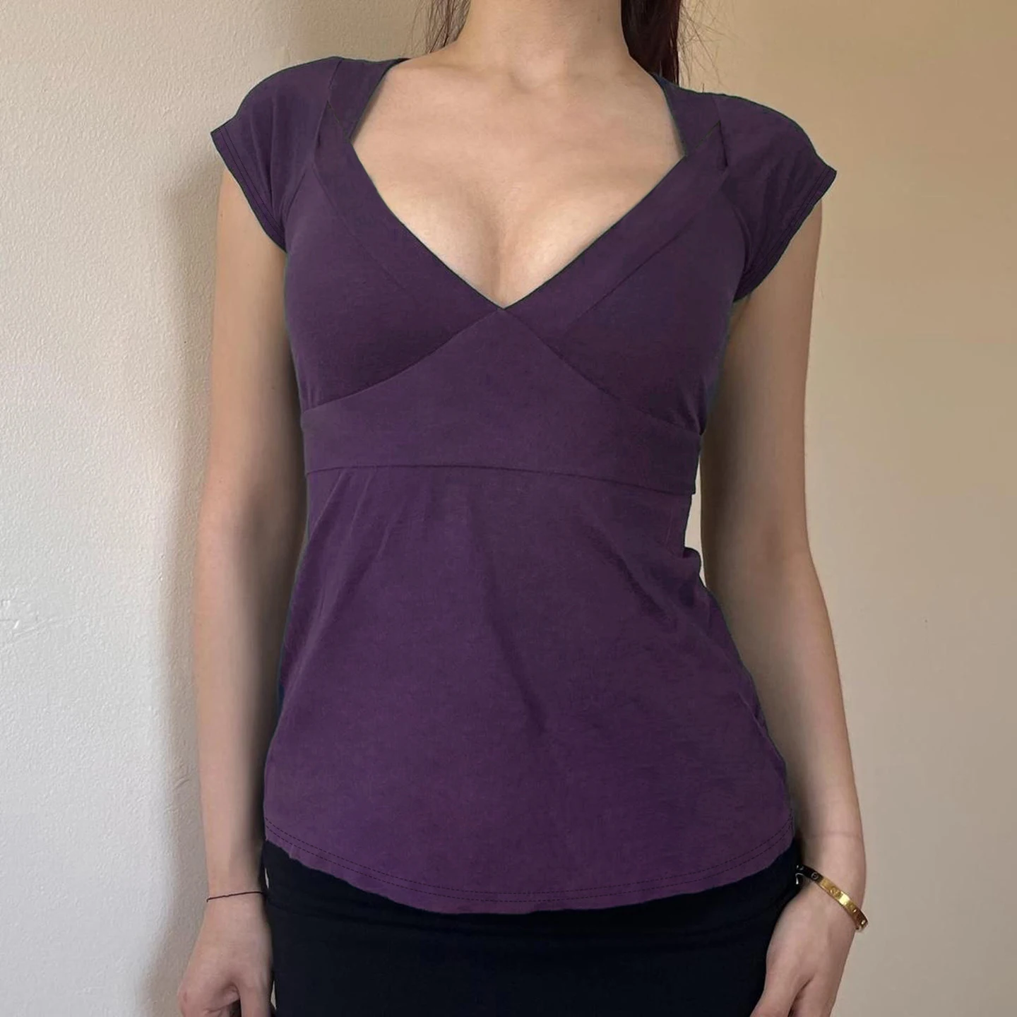 [RUOKE] Vintage Slim Fit V-Ausschnitt T-Shirt für Damen Frühling Sommer Bandage Kurzarm Tee Lässiges Basic Crop Top Alltagstauglich – Detail 10