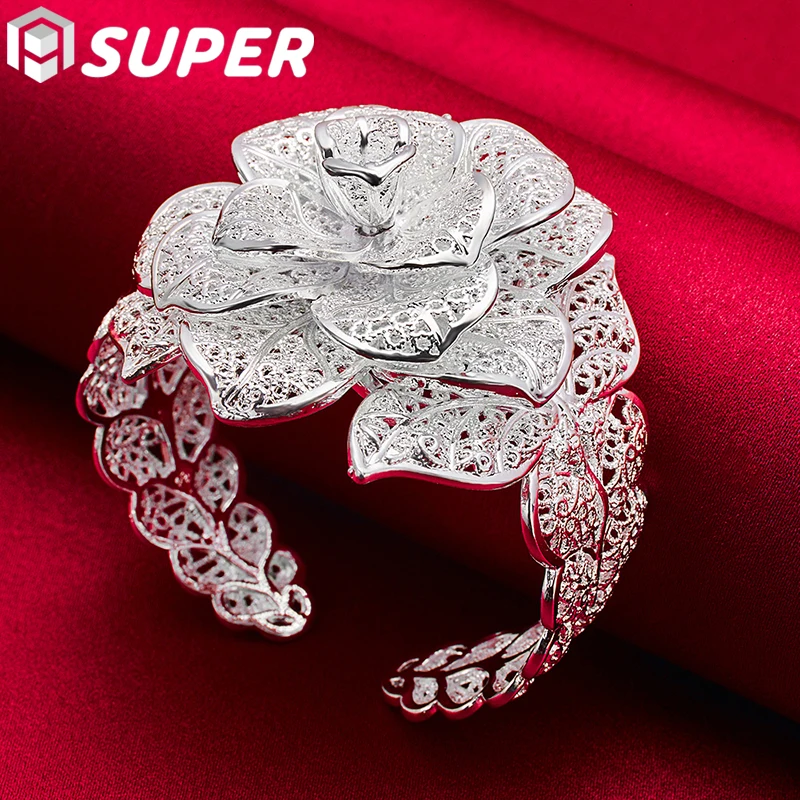 925 Sterling Silver Big Flowers Bangle Bracelet For Woman Wedding Engagement Fashion Charm Party Jewelry