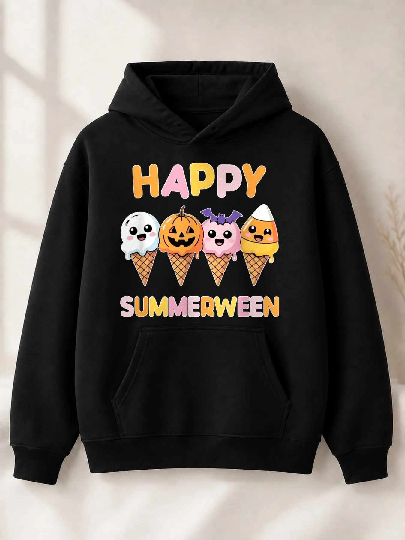 Cute Cartoon-Style Men's Hoodie with Happy Halloween Ice Cream, Pumpkin, and Bat Designs, Halloween Season Gift