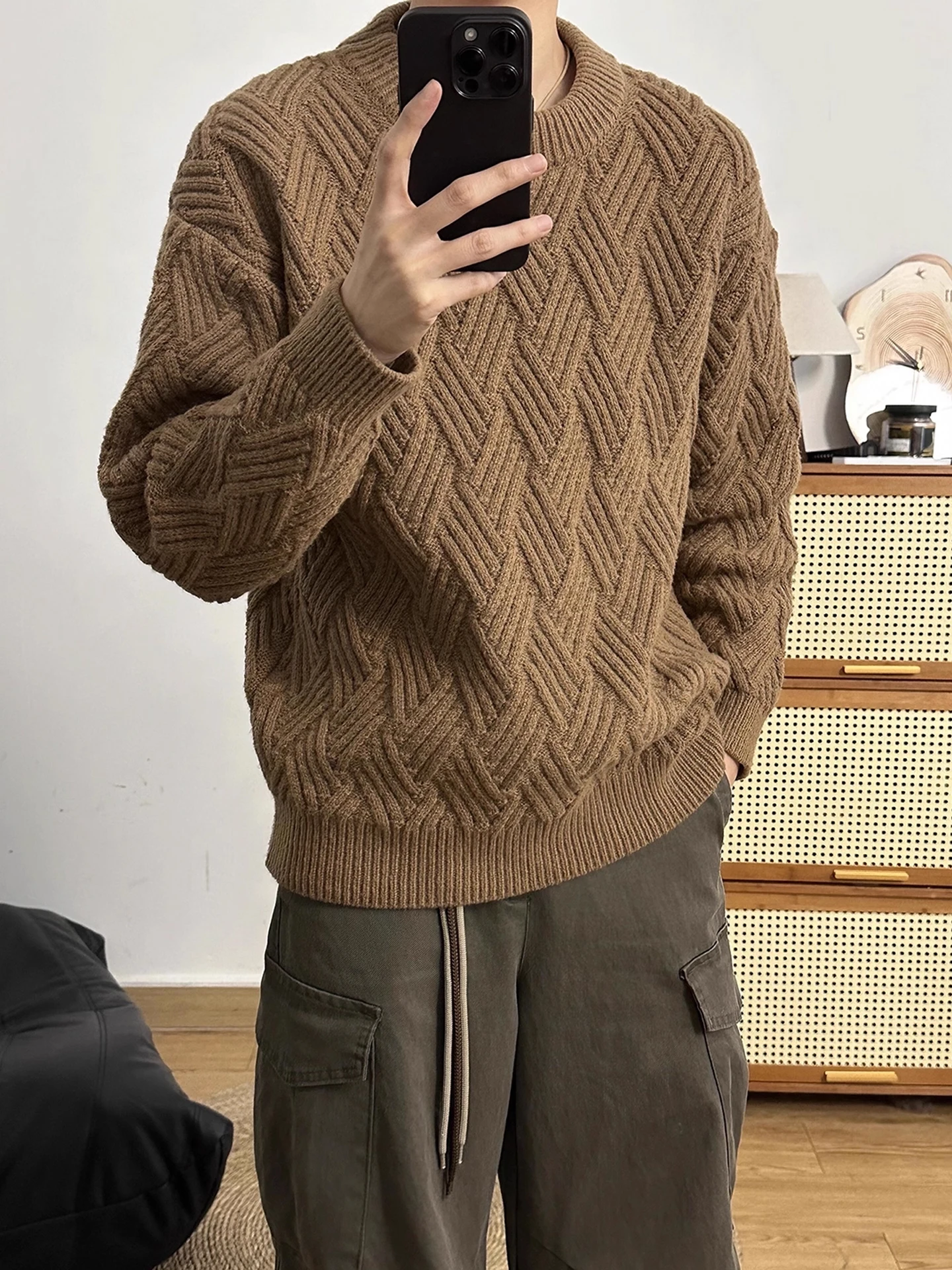 

Корейский свободный винтажный вязаный круглый свитер Ne, мужской зимний ленивый теплый вязаный топ из полиэфирного волокна, повседневный S...