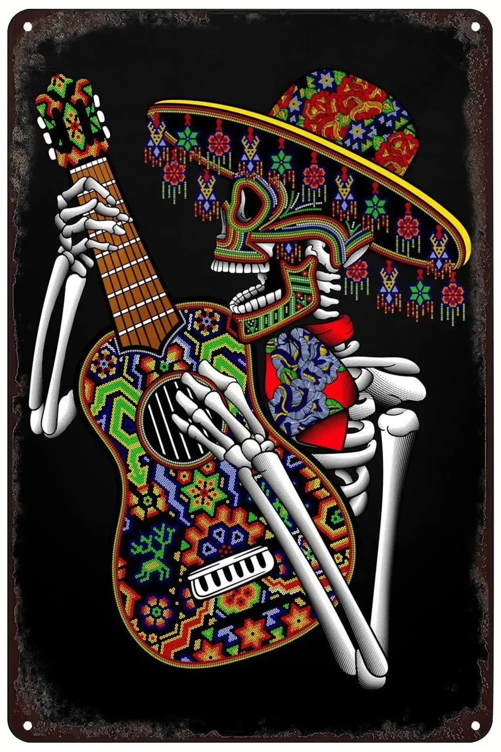 Vintage Mexican Skeleton Guitarist Day the Dead Tin Metal Signs Home Décor 8x12