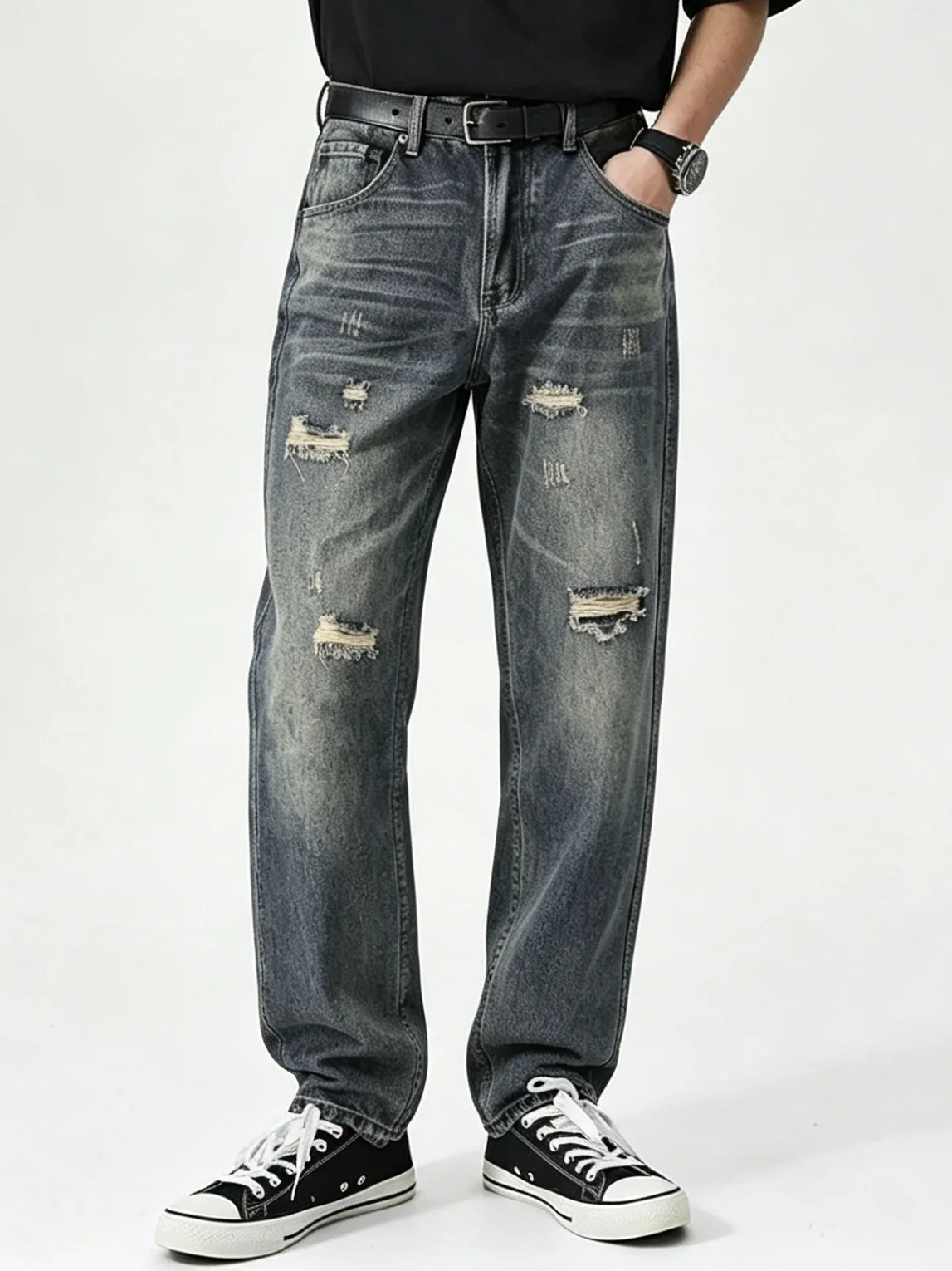 【HME】Men's Jeans | Distressed Ripped Denim Pants For Men, Vintage Washed Frayed Denim Jeans, Destroyed Hole Detail Male Denim Trousers, Loose Straight‑Leg Fit, Durable Heavy‑Weight Denim Bottoms For Streetwear Daily Casual Outfits