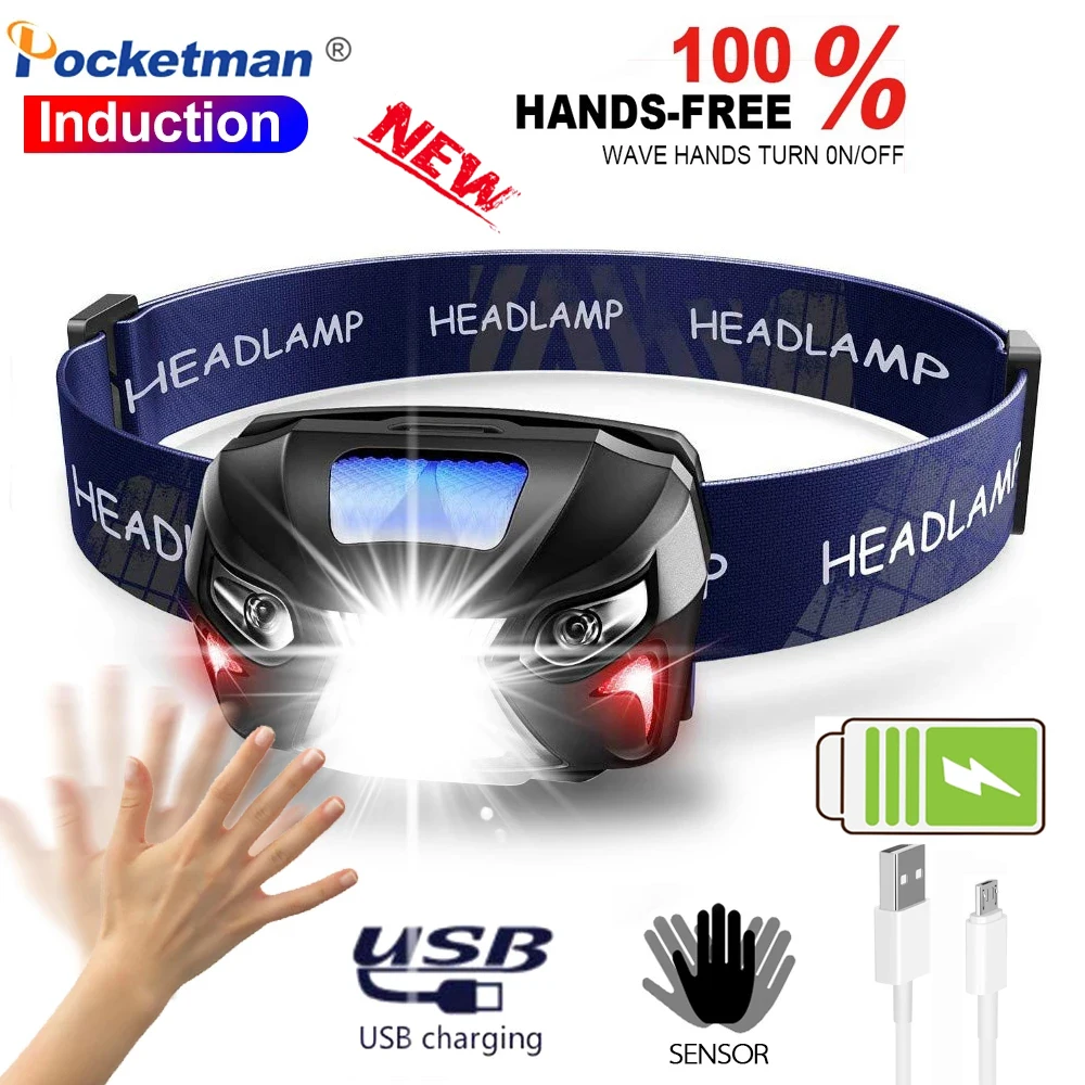 

Most Powerful LED Headlamp Induction USB Rechargeable Headlight IR Motion Sensor Head Lamp Waterproof Head Torch with Battery