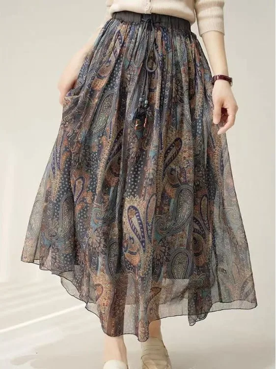 

Юбка-сетка с принтом, на бретельках, с завышенной талией, А-силуэт, для женщин с фигурой типа «груша», весна-лето, новый стиль, маленький размер