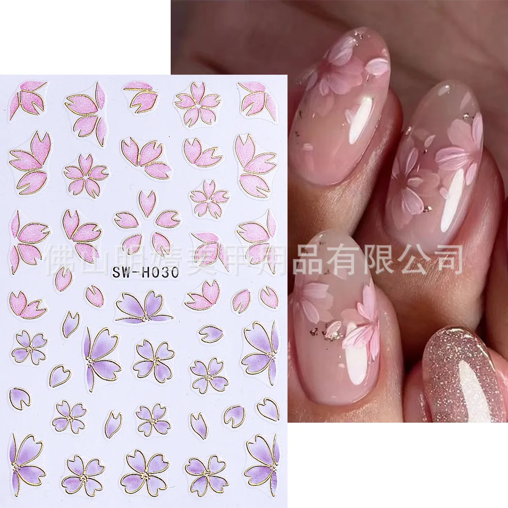 2025 New Nail Art Stickers Instagram Style Bronzing Spring and Summer Cherry Blossom Japanese Series Blue Flower Adhesive Nail S