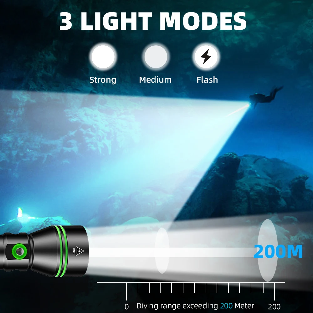 Powerful LED Diving Flashlight 3800LM XHP70 Professional Underwater Diving IPX8 Waterproof rating Lamp Using Using 26650 Battery