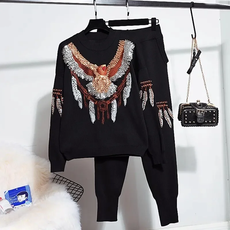 Beading Sequins Embroidery Eagle Knitted Tracksuits Women Outfits Black Gray Loose Pullover Sweater Long Pencil Pants Set Female