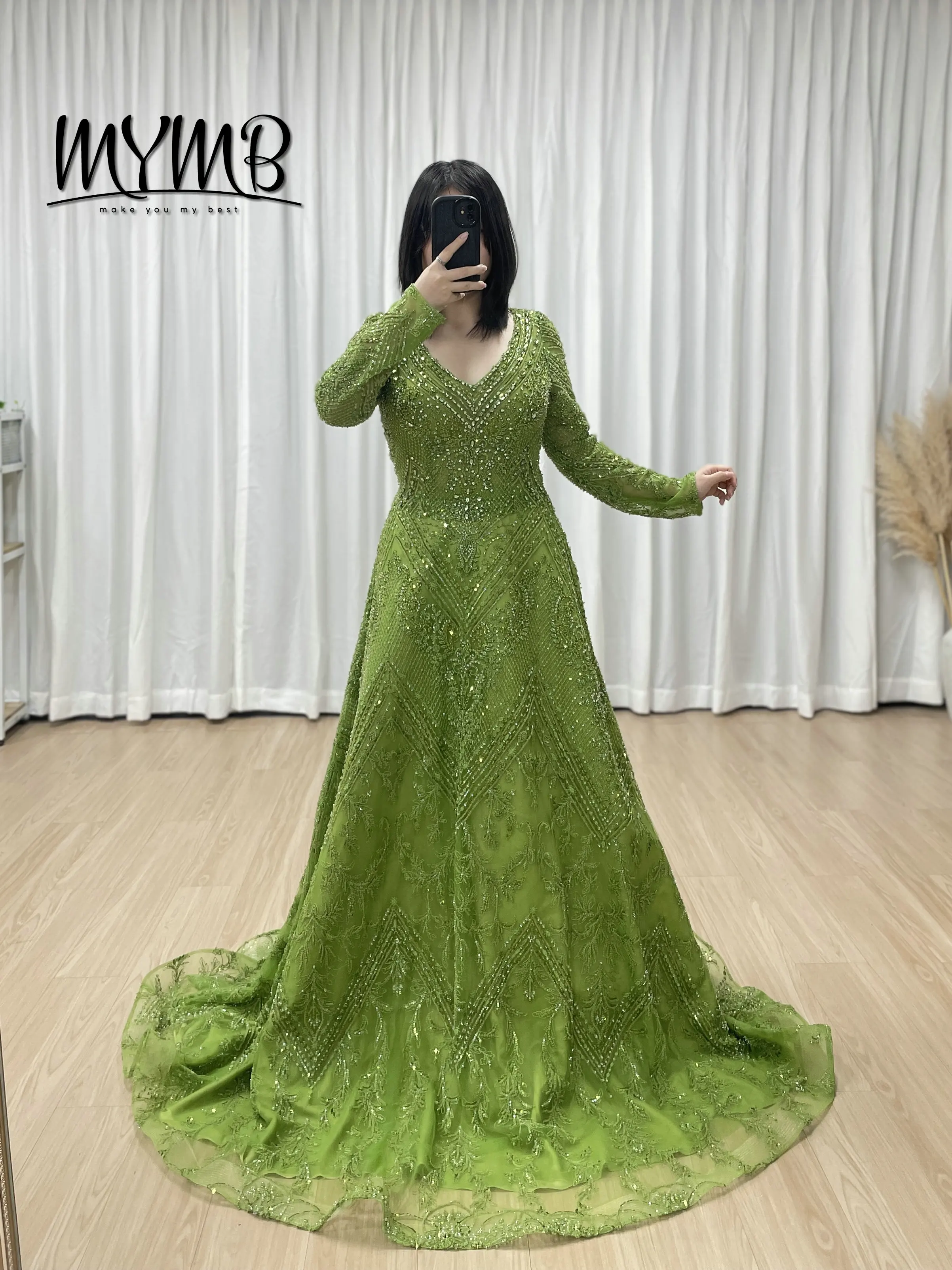 

MYMB Элегантные роскошные зеленые мусульманские вечерние платья трапециевидной формы с длинными рукавами и жемчугом, расшитые бисером, арабские вечерние платья для элегантных женщин MY30193