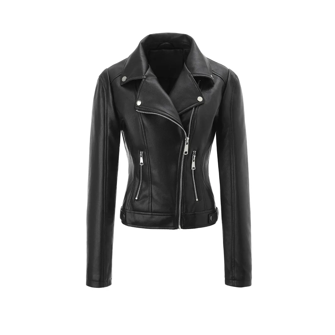 

Women's Large Size PU Leather Jacket Motorcycle Style Collar Stand up Waist Inward Coat Thickened Artificial Leather Coat