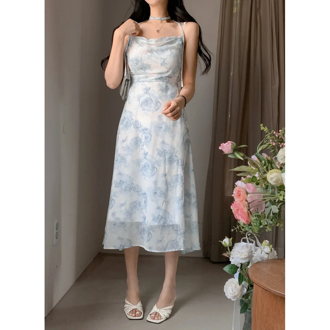 Summer New Sweet Design Gradient Floral Print Halter Neck Midi Dress Women's Polyester Georgette Sleeveless Citywalk Dress