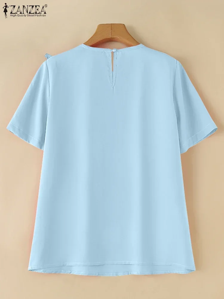 ZANZEA 2025 夏の女性の韓国 Tシャツシックなちょう結び半袖ブラウスパッチワーク O ネックトップスホリデーカジュアルルーズ固体チュニック