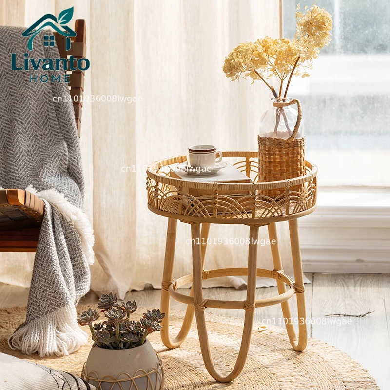 Rattan Woven Side Table Handmade Boho End Table with Tray,Balcony Plant Stand Shelf,Stylish Bohemian Home Decor AccentFurniture