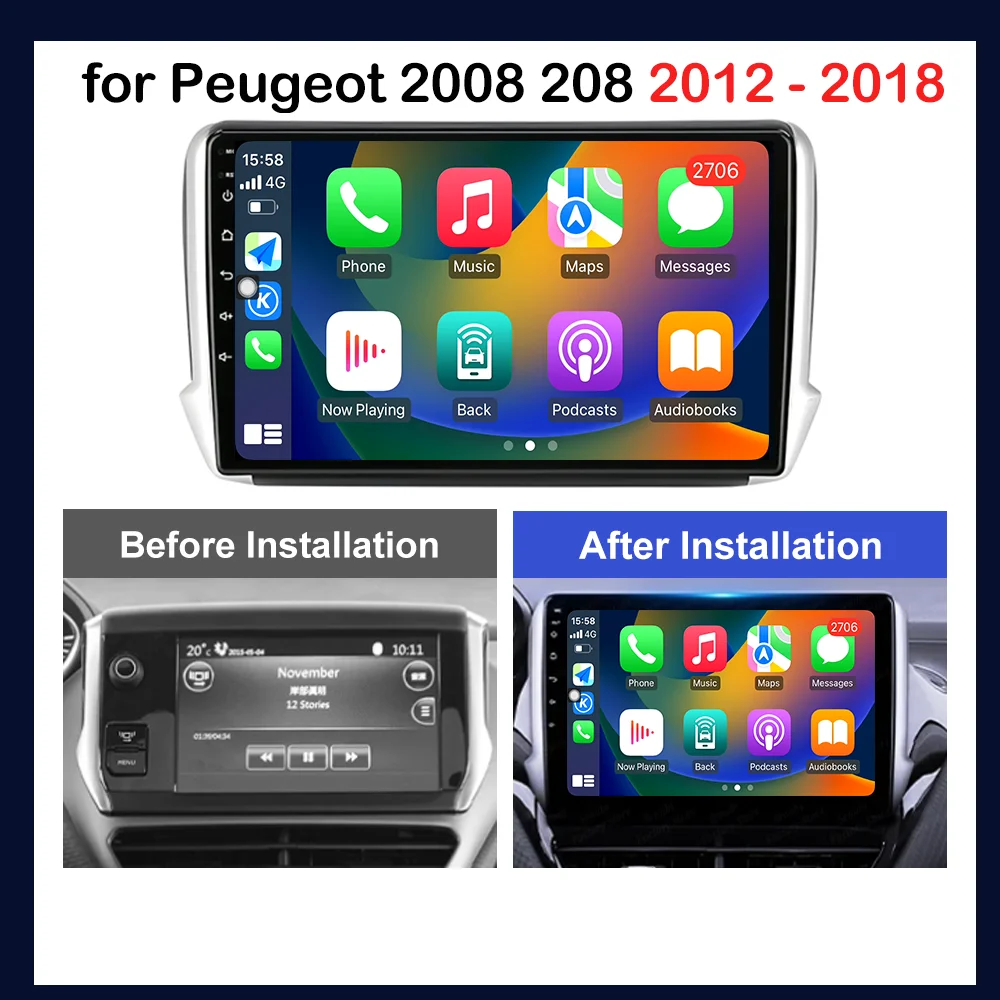 10.1 inch Wireless Carplay Navigation GPS for Peugeot 2008 208 2012 - 2018 2.5D Screen Android Auto Car Video Multimedia Player