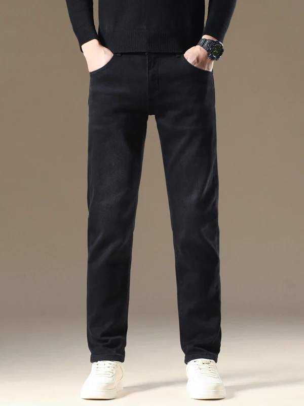 

Высококачественные черные повседневные мужские джинсы прямого кроя в корейском стиле, модные, осенне-зимние, облегающие, длинные брюки из эластичного хлопкового денима