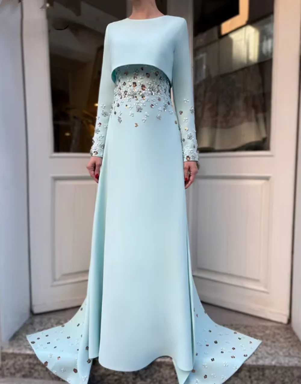 

Light Blue Evening Dresses O-Neck Satin Trailing Prom Dress with Embellished Waist and Embellished Long Sleeves Customized