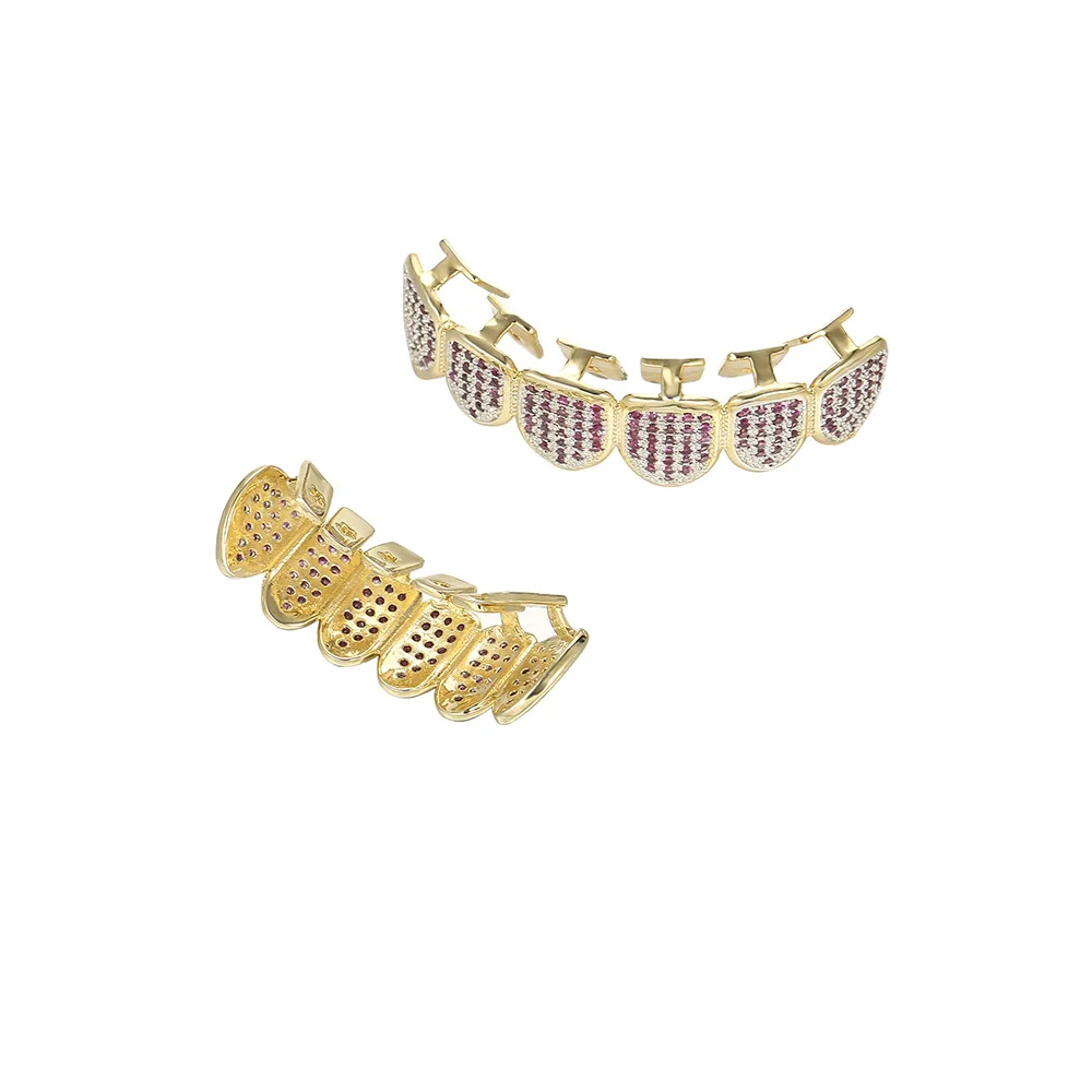 Hiphop Full Cz Paarse Stenen Tanden Grillz Caps Cubic Zirkoon Iced Out Micro Top & Bottom Charm Grills Set Voor Mannen Vrouwen Sieraden