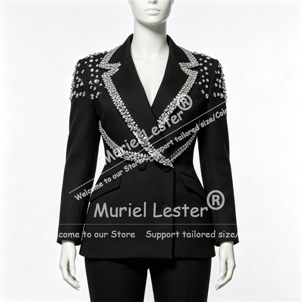 Luxury Women Suits Formal Party Double Breasted Jacket Pants 2 Pieces Sets Lady Wedding Prom Blazer Beaded Stones Female Outfits