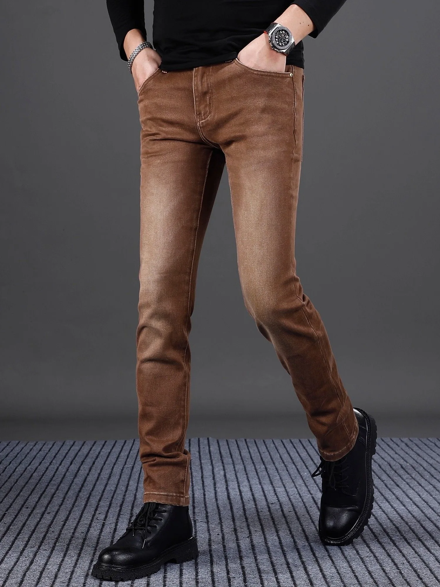 

Мужские джинсовые джинсы с американской талией в стиле ретро, модные брендовые элитные облегающие эластичные повседневные универсальные длинные брюки Haome