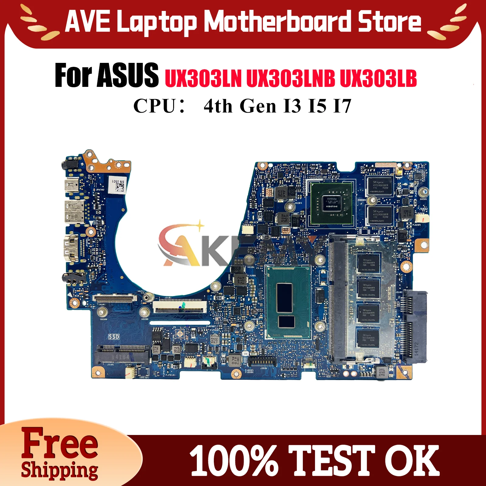 

Материнская плата UX303LN для ноутбука ASUS ZenBook UX303LB UX303L BX303L U303L UX303LN U3000 UX303LNB, материнская плата I3 I5 I7, тест процессора ОК